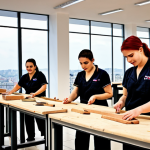 **

"A bustling vocational training center in Bucharest, Romania. Diverse students are engaged in hands-on training, learning skills in IT, carpentry, and culinary arts. Modern equipment and instructors are visible. The atmosphere is energetic and hopeful. The background features the city skyline."

**