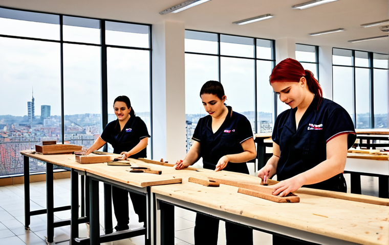 **
"A bustling vocational training center in Bucharest, Romania. Diverse students are engaged in hands-on training, learning skills in IT, carpentry, and culinary arts. Modern equipment and instructors are visible. The atmosphere is energetic and hopeful. The background features the city skyline."
**