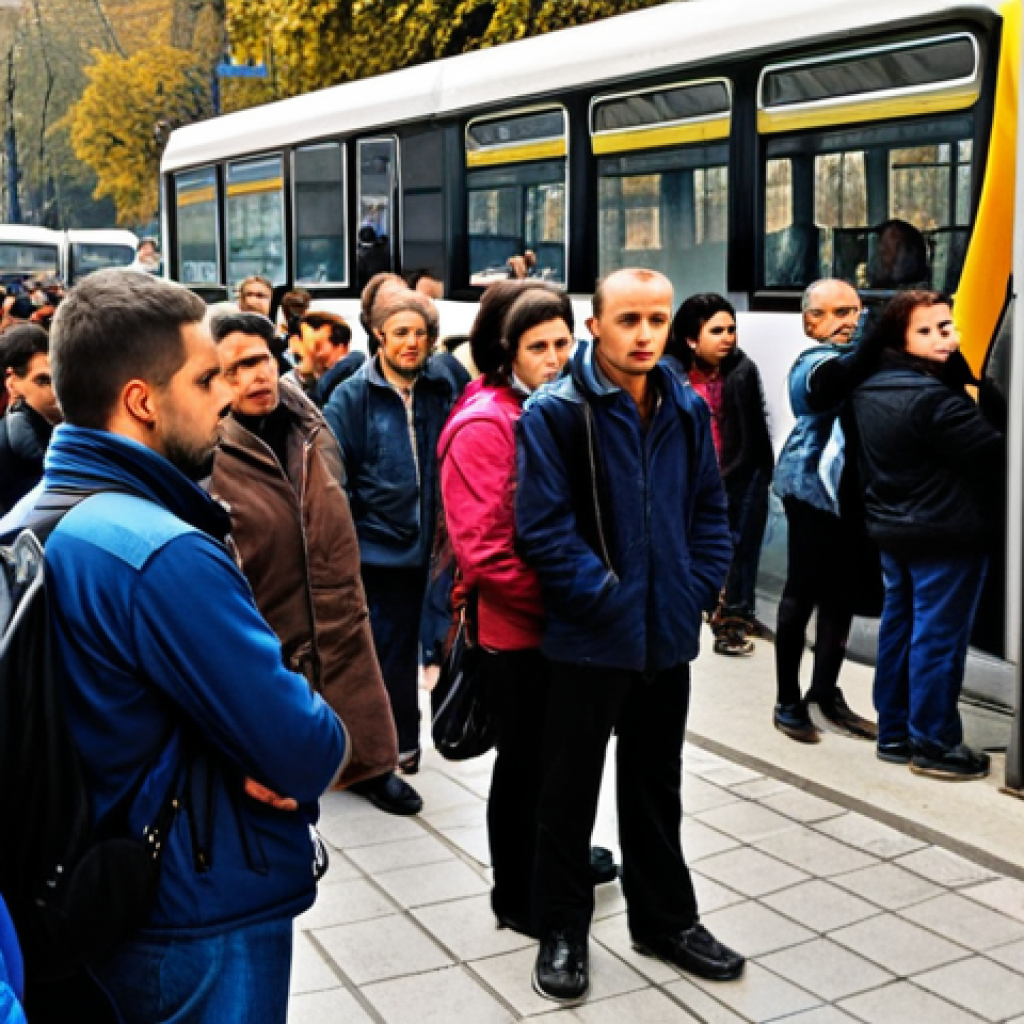 **Prompt:** A crowded, frustrated scene at a bus stop in Bucharest during a public transport strike. Commuters look stressed, some with heavy bags or children, waiting in long queues or walking determinedly along congested sidewalks. In the background, a metro station entrance is visibly closed. The atmosphere is one of urban disruption and inconvenience.