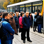 **Prompt:** A crowded, frustrated scene at a bus stop in Bucharest during a public transport strike. Commuters look stressed, some with heavy bags or children, waiting in long queues or walking determinedly along congested sidewalks. In the background, a metro station entrance is visibly closed. The atmosphere is one of urban disruption and inconvenience.