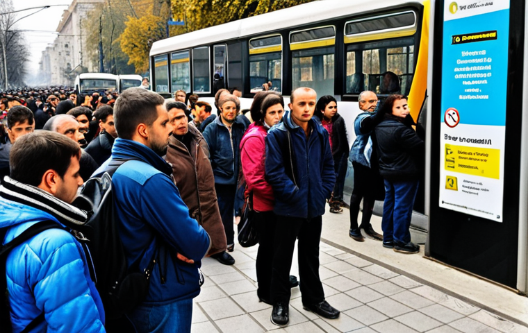**Prompt:** A crowded, frustrated scene at a bus stop in Bucharest during a public transport strike. Commuters look stressed, some with heavy bags or children, waiting in long queues or walking determinedly along congested sidewalks. In the background, a metro station entrance is visibly closed. The atmosphere is one of urban disruption and inconvenience.