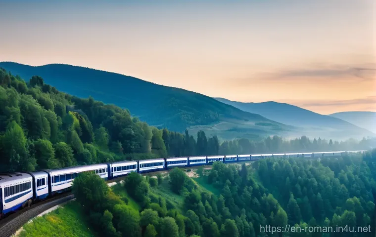 루마니아 기차 여행 - **A Panoramic Carpathian Train Journey**
A wide shot from a train window looking out over the br...