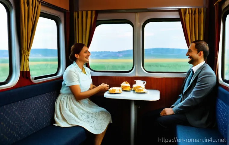루마니아 기차 여행 - **A Panoramic Carpathian Train Journey**
    A wide shot from a train window looking out over the br...
