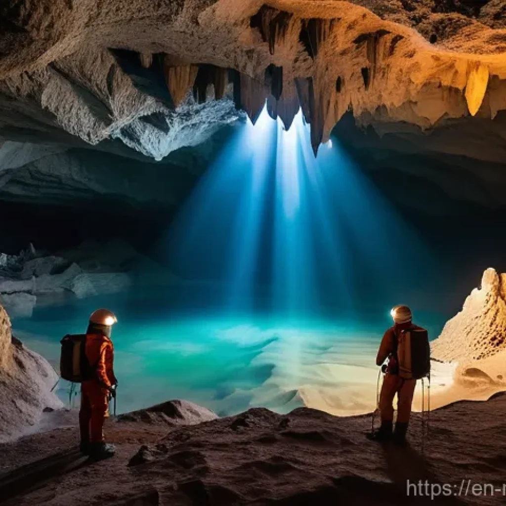 루마니아 동굴 탐험 - **Prompt:** A breathtaking subterranean scene inside a vast Romanian limestone cave. Two adventurers...