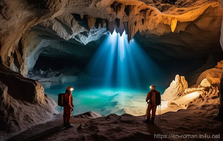루마니아 동굴 탐험 - **Prompt:** A breathtaking subterranean scene inside a vast Romanian limestone cave. Two adventurers...