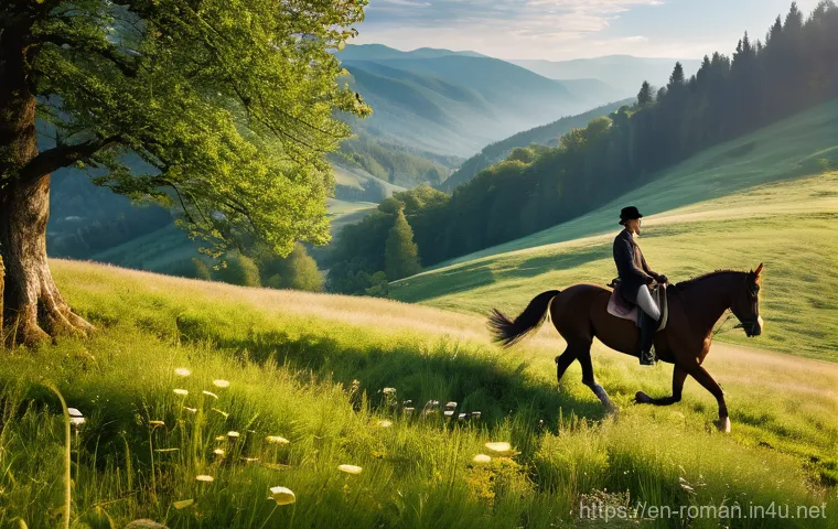 루마니아에서 승마 체험 - **Prompt 1: "A lone equestrian adventurer, dressed in practical and modest riding attire including a...