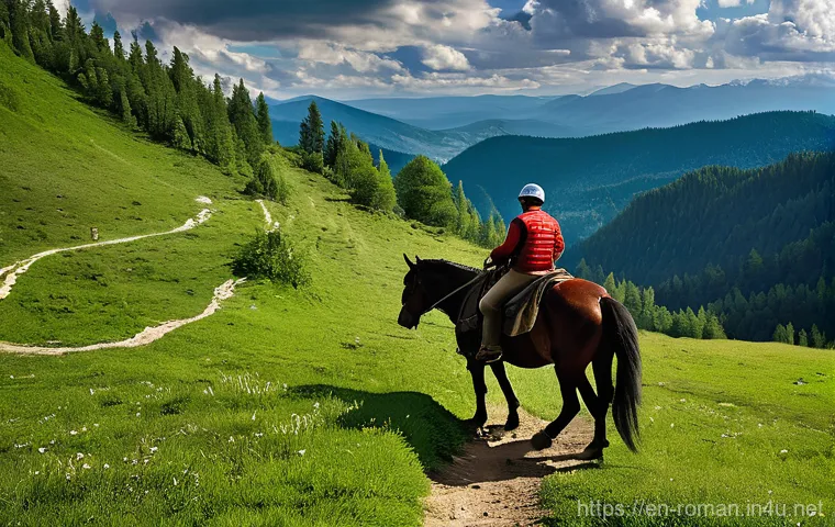 루마니아에서 승마 체험 - **Prompt 2: "A heartwarming scene depicting a rider, modestly dressed in typical equestrian gear (lo...
