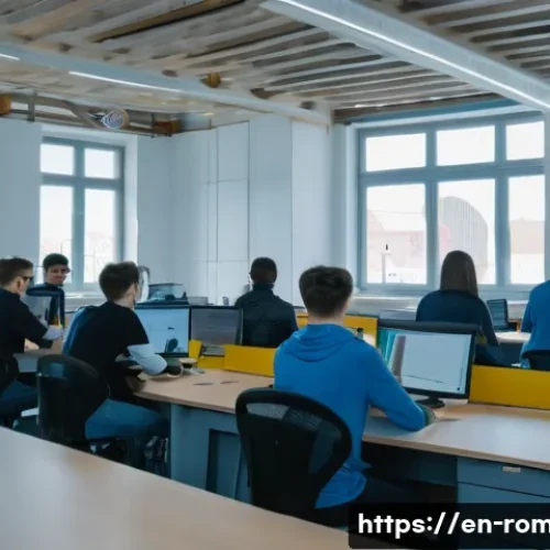 Home 32 루마니아 유학 가이드 - A vibrant university campus scene in Cluj-Napoca, Romania, showcasing modern tech labs and students ...