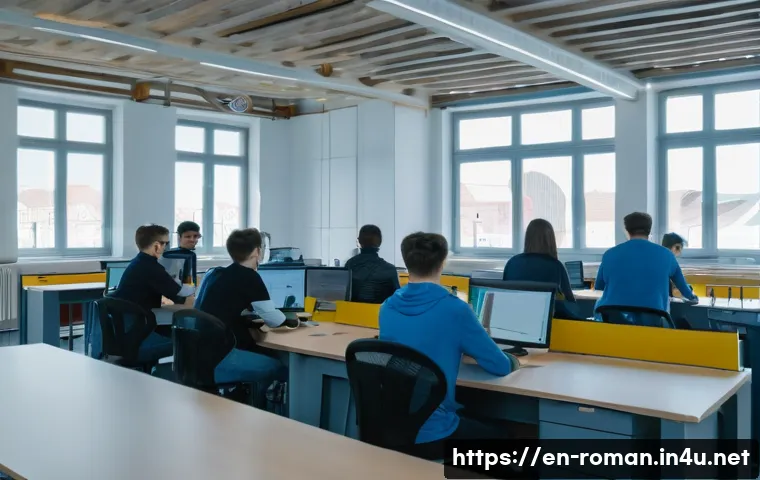 루마니아 유학 가이드 - A vibrant university campus scene in Cluj-Napoca, Romania, showcasing modern tech labs and students ...