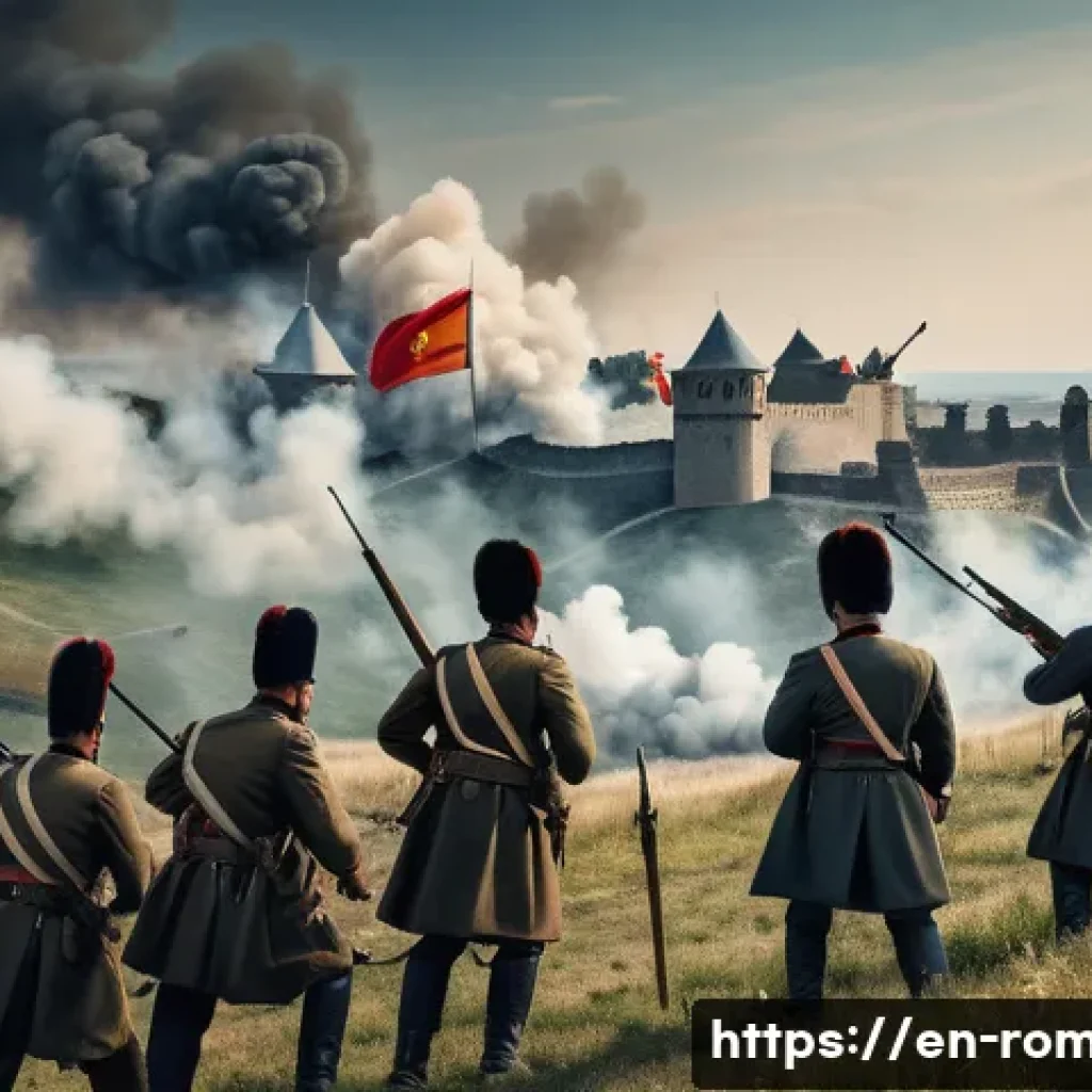 루마니아 독립 전쟁 - A detailed historical battlefield scene depicting Romanian troops and Russian allies during the Sieg...