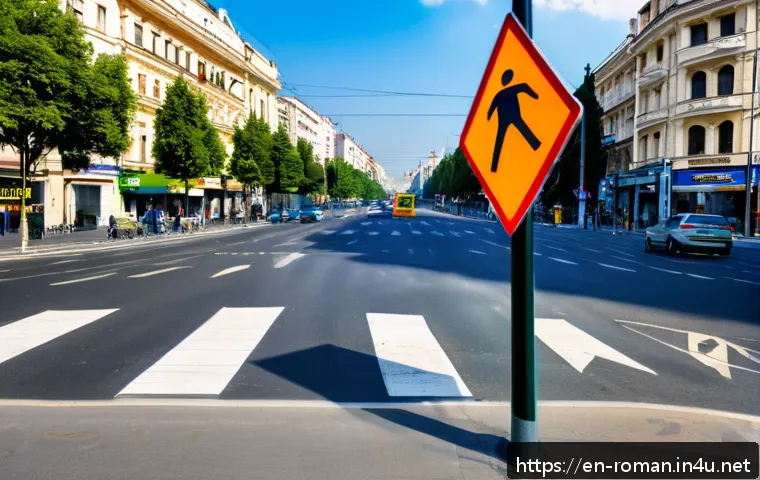 루마니아 교통법규 - A detailed urban street scene in Bucharest, Romania, showcasing a variety of Romanian road signs inc...