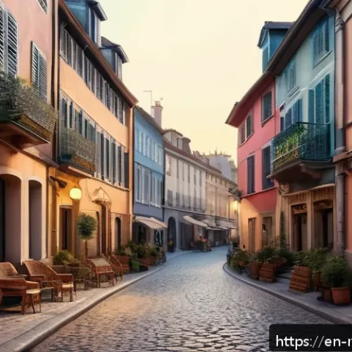 Home 17 부쿠레슈티 구시가지 - A charming cobblestone street in an old European neighborhood at golden hour, featuring pastel-color...
