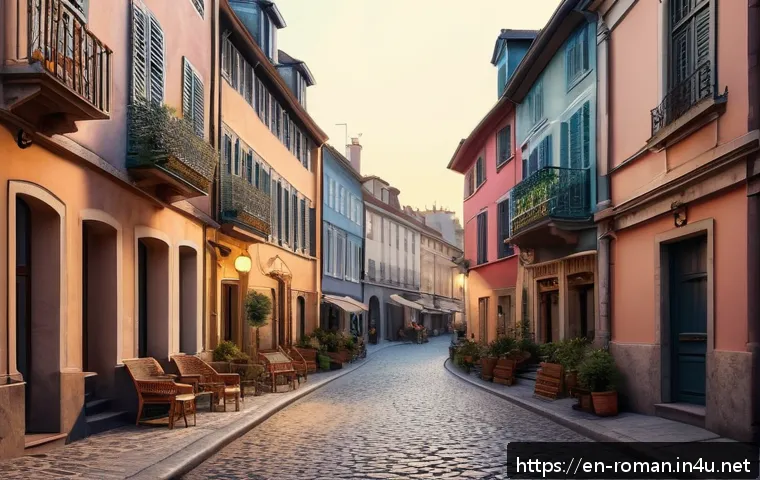 부쿠레슈티 구시가지 - A charming cobblestone street in an old European neighborhood at golden hour, featuring pastel-color...