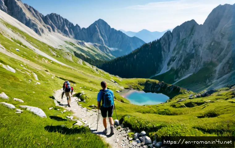 루마니아 국립공원 탐방 - Photorealistic wide-angle landscape of hikers exploring Romania’s Retezat National Park, a clear tra...