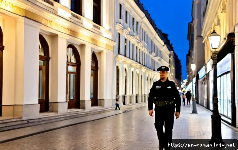루마니아 치안 문제 - Photorealistic evening street scene in central Bucharest, Romania, a cautious solo traveler walking ...
