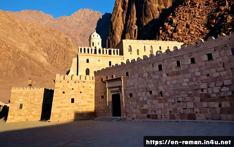 시나이아 수도원 - Photorealistic sunrise view of Saint Catherine’s Monastery at the foot of Mount Sinai, ancient stone...