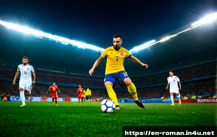 Home 30 루마니아 스포츠 이슈 - Photorealistic Romanian football match at a modern Bucharest stadium, focused on a determined male p...