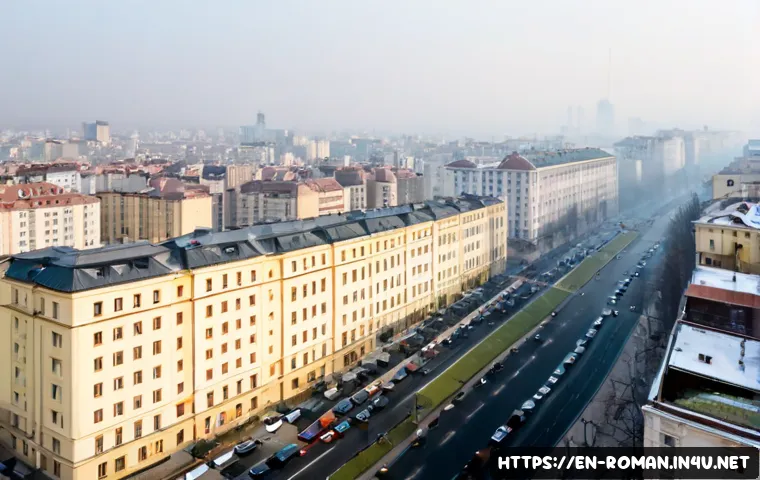 Home 17 루마니아 대기 오염 문제 - Photorealistic wide cityscape of Bucharest, Romania during a winter temperature inversion, apartment...